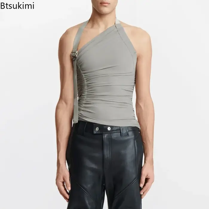 Nouveaux hommes personnalisés gilet hauts sangle épaule creux tricoté débardeurs élastique mince Fit