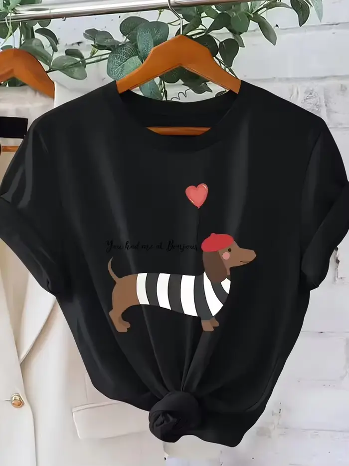 T-shirt Teckel style français, motif animal amusant, avec slogan 'You Had Me At Bonjour', streetwear