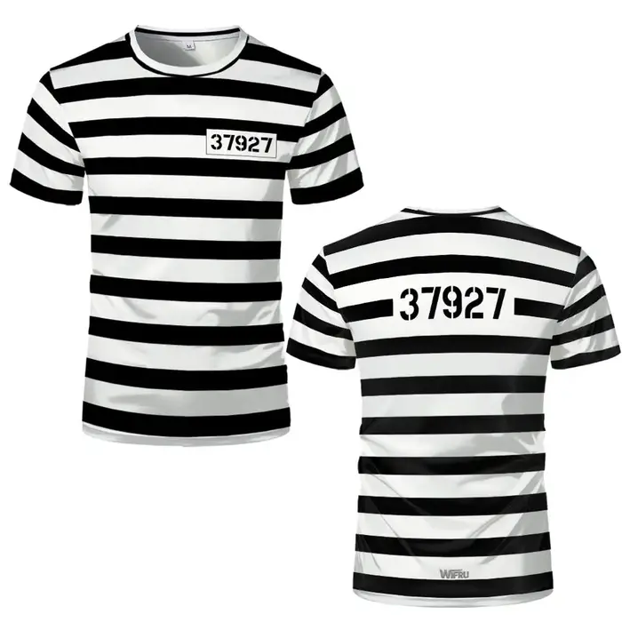 Abstract Prison uniforme style rayé imprimé T-shirt drôle jeu de rôle à manches courtes haut unisex humoristique personnalisé vêtements de rue