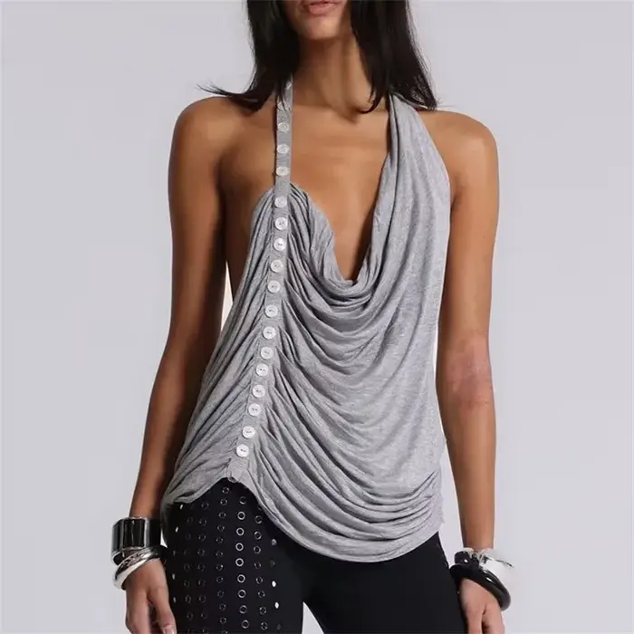 Haut d'été asymétrique sans manches à col bénitier et dos nu pour femme, avec détails boutonnés et o