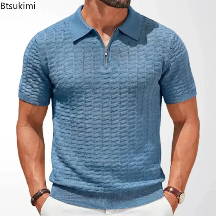 Nouveaux Polos Homme Décontractés Coupe Slim Été Couleur Unie Tricotés Pulls Vintage Manches Courtes Texturés