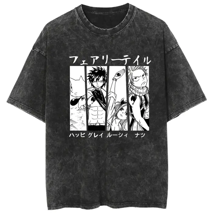 T-shirt délavé vintage avec logo du Groupe des Happy Cat de Fairy Tail