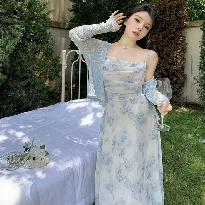 2 pièces ensembles femmes tempérament Fairycore été nouveau décontracté résistant au soleil vestes robes imprimées évide