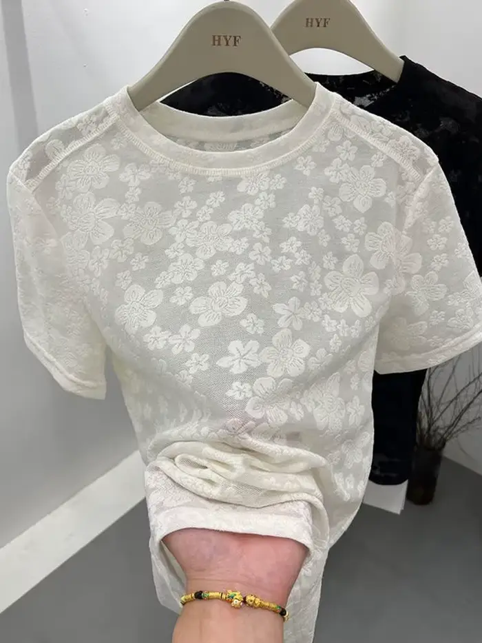 T-shirt manches courtes femme, estival et décontracté, avec broderie de fleurs, en dentelle noire, c