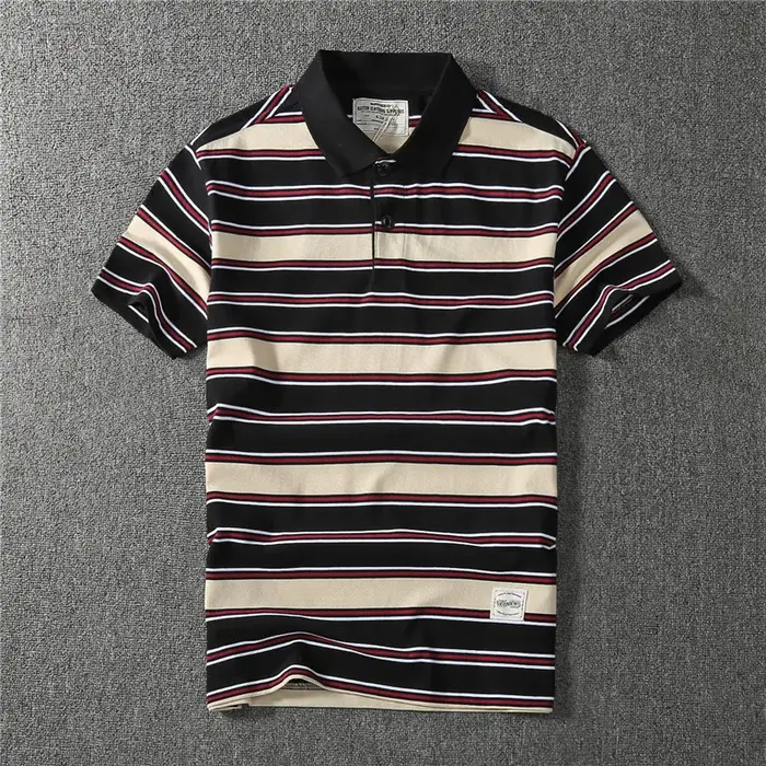 Coton épais May kaki vintage couleur contraste revers rayé polo à manches courtes T-shirt hommes mod