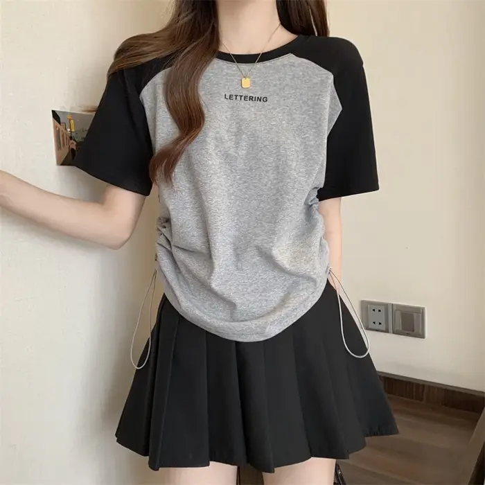 T-shirt à manches raglan pour femme, imprimé lettres, avec cordon de serrage, froncé, décontracté, à