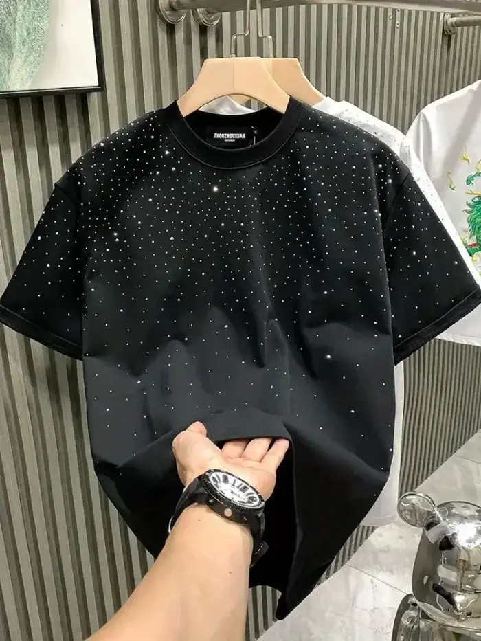 Nouveau luxe hommes T-shirt diamant chaud imprimé demi manches mode col rond décontracté été haut de