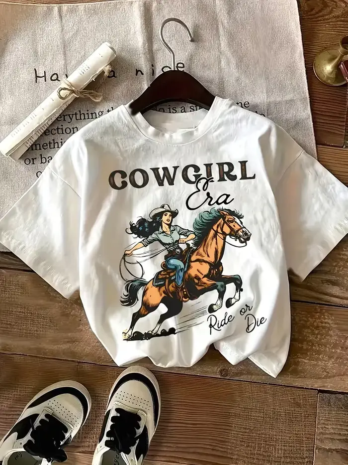 T-shirt pour femme Cowgirl Era Western Graphic, imprimé vintage cheval cowboy, col rond décontracté,