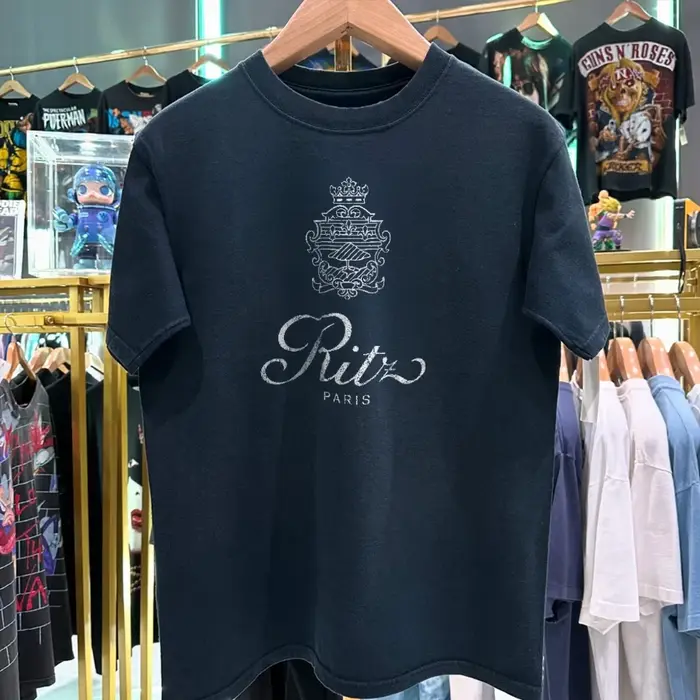 T-shirt noir délavé Ritz Paris des années 90, t-shirt d'été en coton imprimé, décontracté, sportif, 