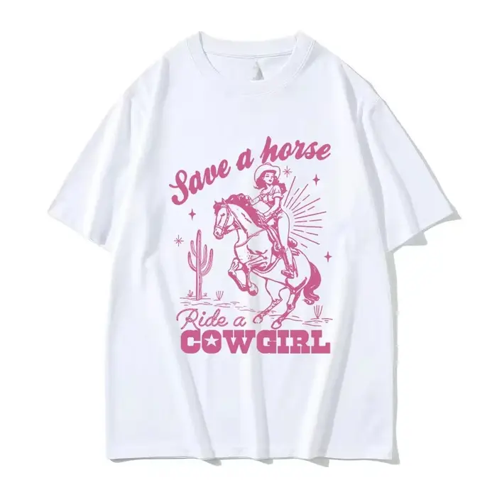 Save A Horse Ride A Cowgirl Imprimé T-shirt Hommes Femmes Rétro Esthétique Mode T-shirts Décontracté