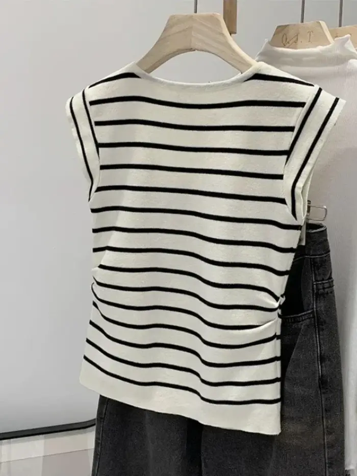 Nouveauté 2026 – Débardeurs rayés tricotés sans manches pour femme – T-shirts courts élastiques et décontractés – Gilets et camisoles ajustés