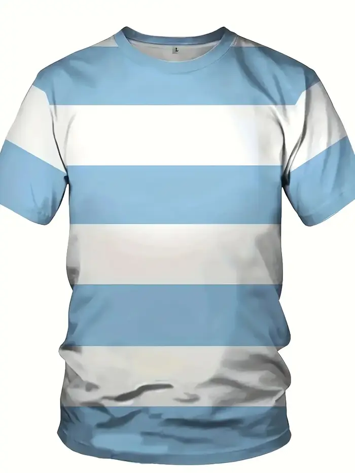 T-shirt rayé polyvalent basique pour hommes | Impression simple bleu clair et blanc | Vêtements multidirectionnels pour