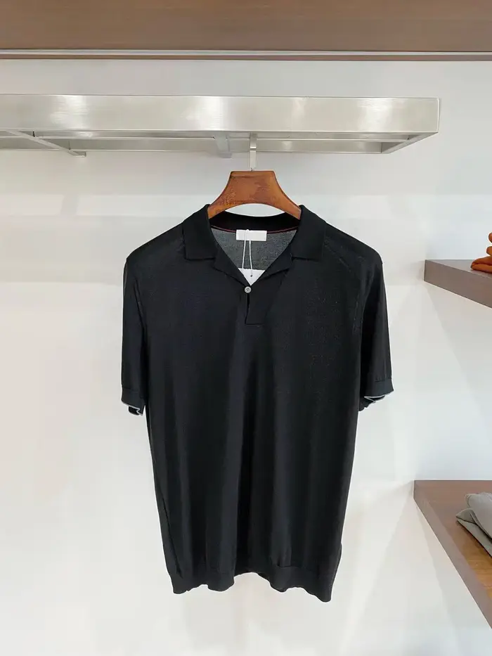 Polo en tricot pour homme à manches courtes, col à revers, en mélange de soie de mûrier BC, broderie
