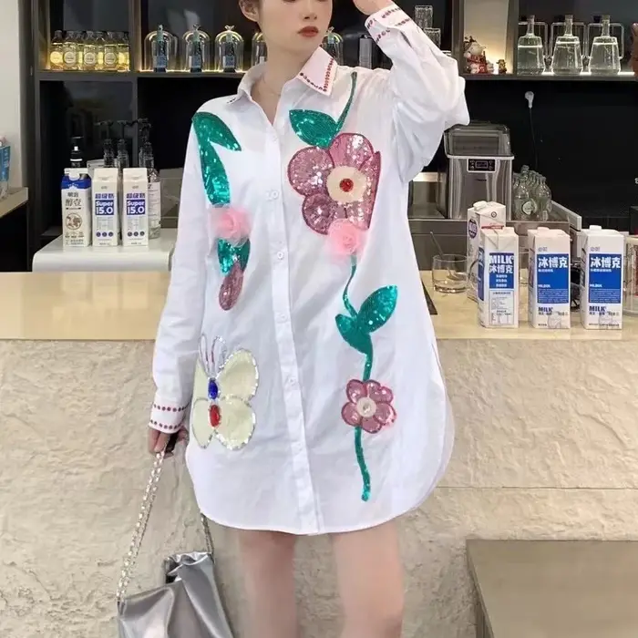 Paillettes fleurs point ample décontracté surdimensionné longues chemises et chemisiers en coton pour les femmes 2025 printemps été hauts filles Y2k Camisas