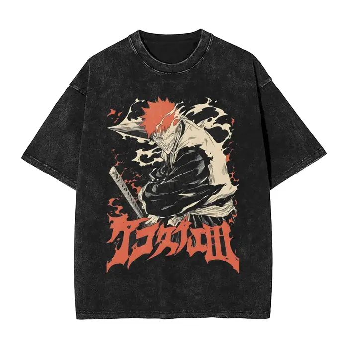 T-Shirt délavé surdimensionné Zaraki Kenpachi T-Shirts simples blanchi à la mode Cool