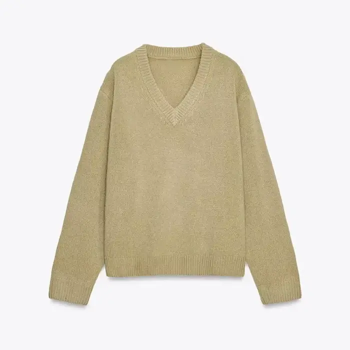 Pull tricoté élégant à col en v pour femme, couleur unie, ample, manches longues, chaud, assorti ave
