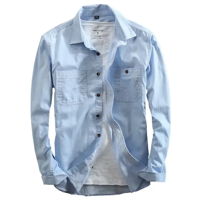 Chemise en jean à manches longues pour homme, en pur coton, coupe ajustée, mode, Denim, vêtements décontractés, haute qualité, deux poches sur la poitrine
