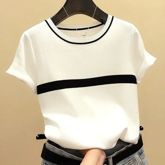 Camisetas Mujer nouveau mince tricoté T-Shirt femmes à manches courtes été hauts Femme vêtements rayé mode