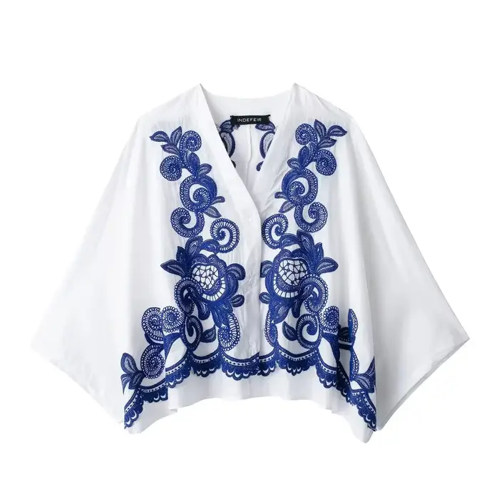 HH 2024 femmes mode bleu broderie florale Blouse décontracté ample col en V simple boutonnage chemis