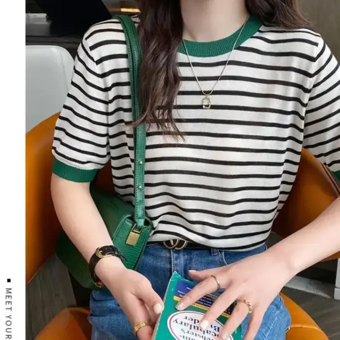 2025 hauts à rayures femmes tricoté col rond été imprimé à manches courtes décontracté Simple sauvage T-Shirt