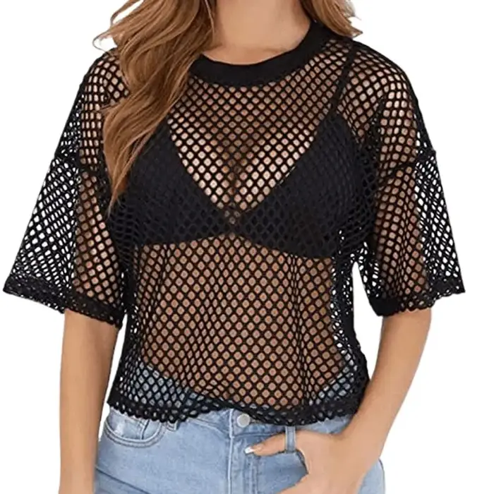 Résille lâche T-shirts Sexy col rond manches courtes évider noir recadrée t-shirt hauts MBN-W109