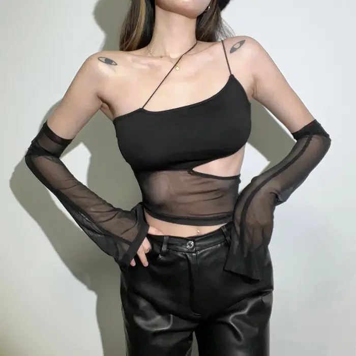 Asolls-Haut court en maille découpée avec manches, caraco transparent, vêtements grunge dégradés, pr