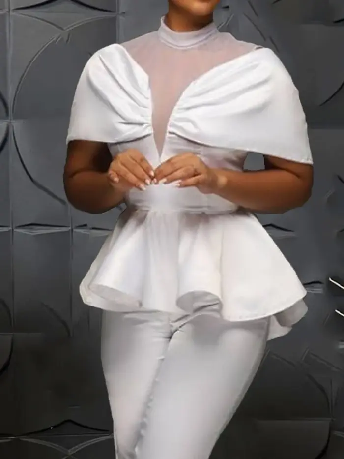 Chemisier péplum en Tulle blanc, Patchwork, manches cape, coupe cintrée, à volants, hauts de soirée 