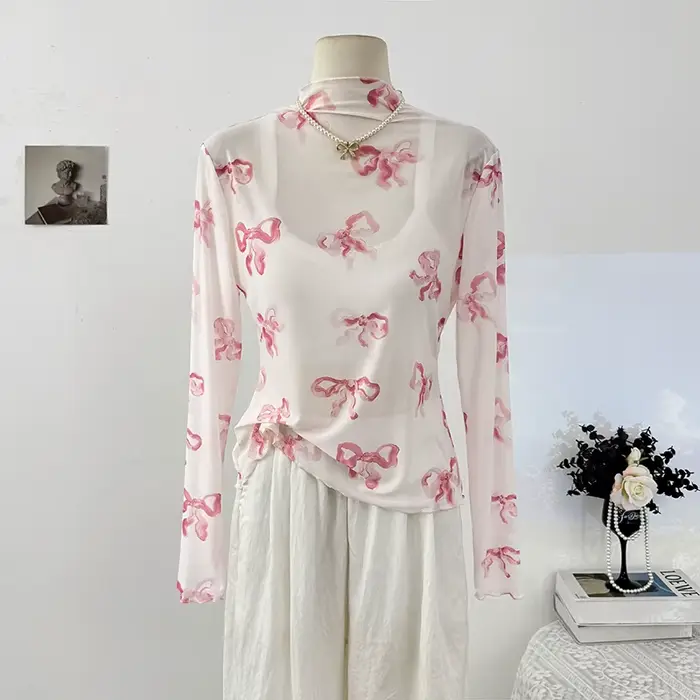 Gaze femme t-shirts nœud imprimé à manches longues t-shirts demi-col haut tunique t-shirts évider Se