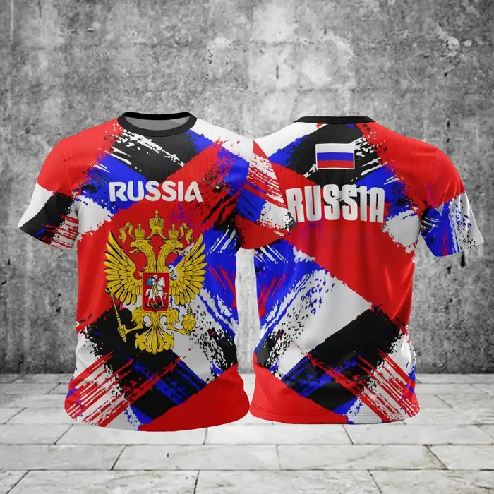 Russie hommes T-shirts décontracté ample col rond drapeau russe à manches courtes hauts