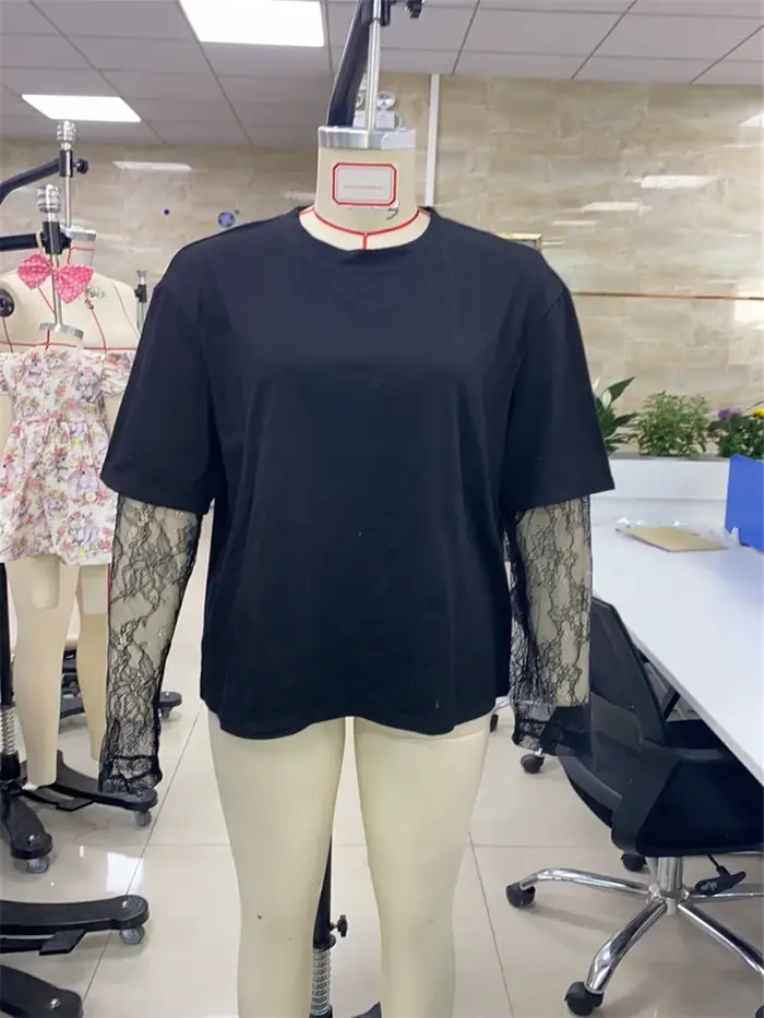 Femmes col rond T-Shirt dentelle à manches longues chemises décontractées printemps automne coupe ample hauts dames couleur unie T-Shirt pour Streetwear Y2K 00s