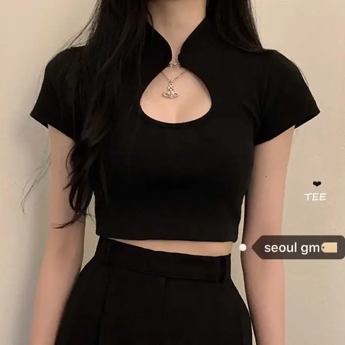 T-shirt manches courtes col goutte d'eau pour fille foncée, Sexy, rétro chinois Cheongsam, tricoté, 