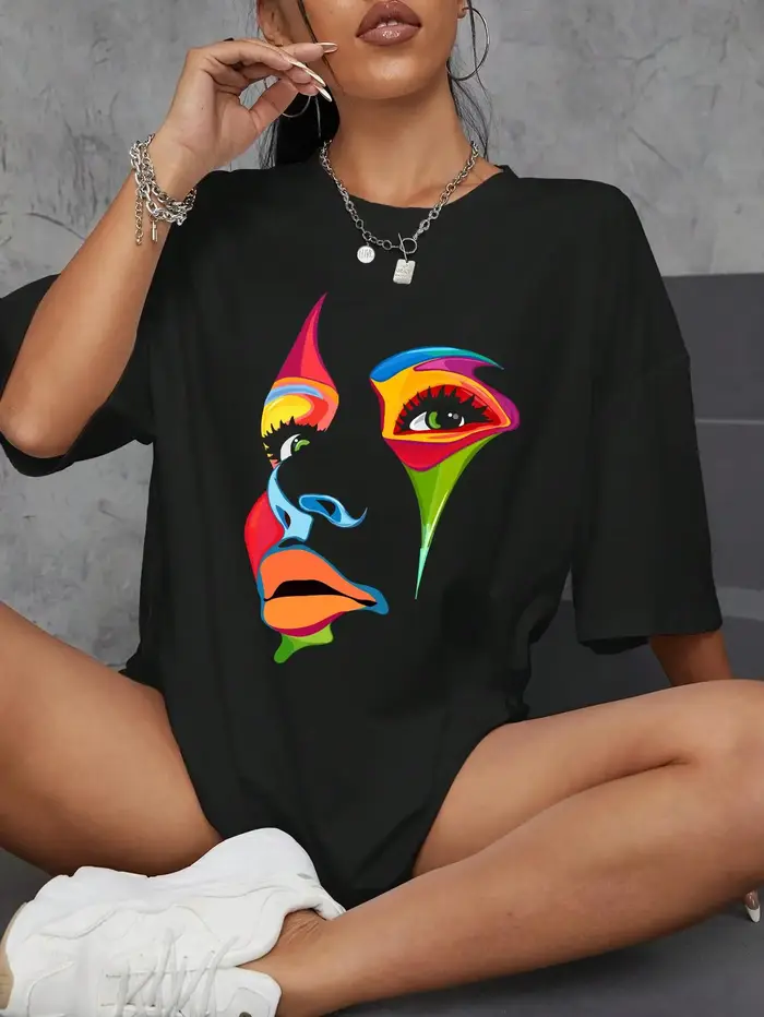 Peint dame visage personnalité Design impression T-Shirt femme rue confortable