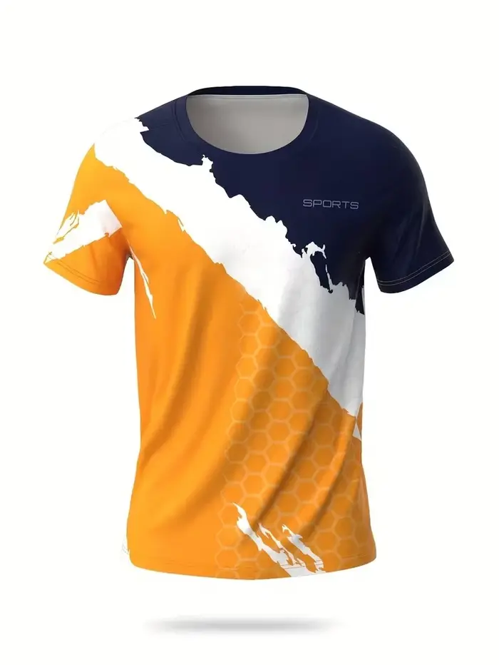 T-shirt de sport pour homme, séchage rapide, respirant, nouveau, imprimé nid d'abeille, color block, col rond, haut de gamme, vêtements de sport pour la course à pied