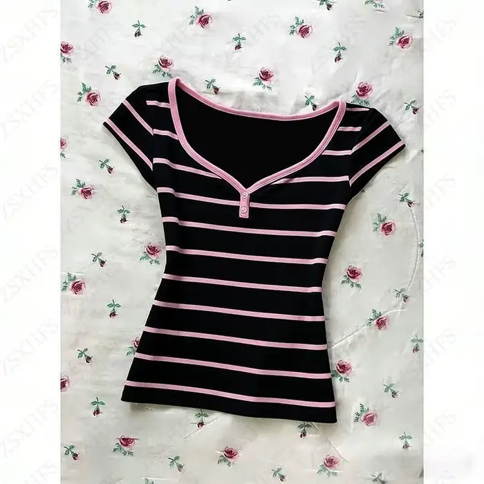 T-shirt esthétique noir d'été à manches courtes, style urbain, rose, pour jeune fille, coupe ajustée