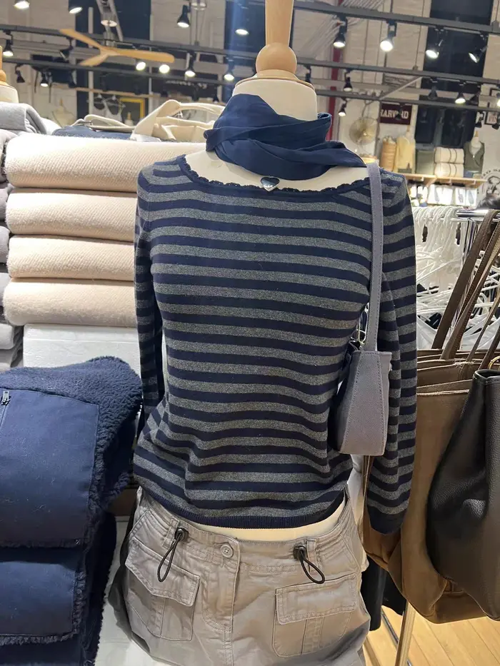 T-shirts rayés à manches trois quarts pour femme, col rond, coupe ajustée, en coton tricoté, style v