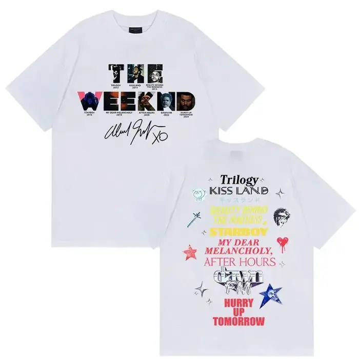 T-shirt graphique The Weeknd avec la discographie complète de l'artiste