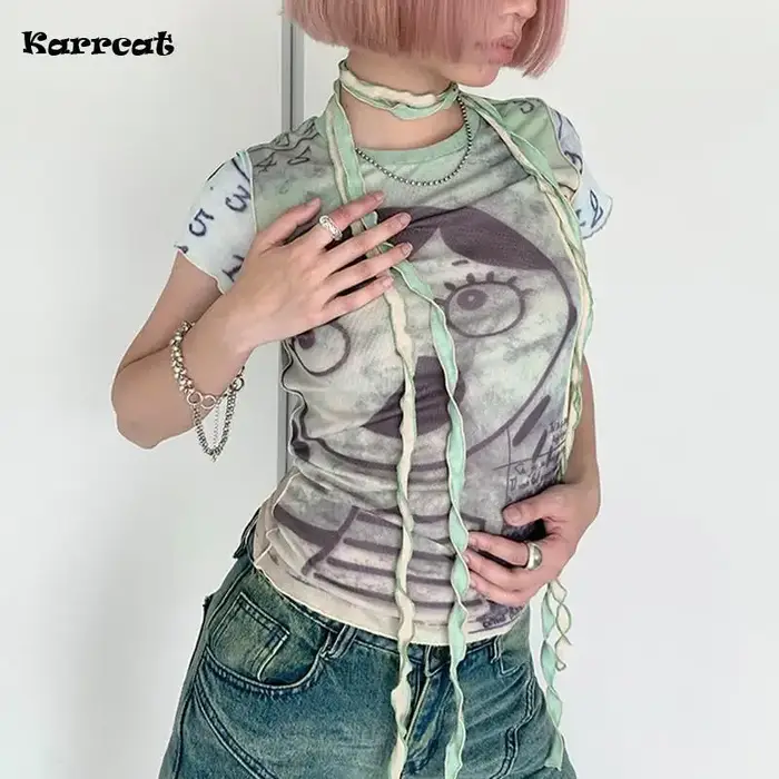 Karrcat-T-shirt en maille grunge et esthétique