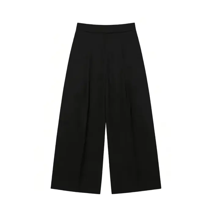 Pantalon Baggy Noir Plissé à Jambes Larges Rayé Décontracté Taille Haute pour Femme Printemps