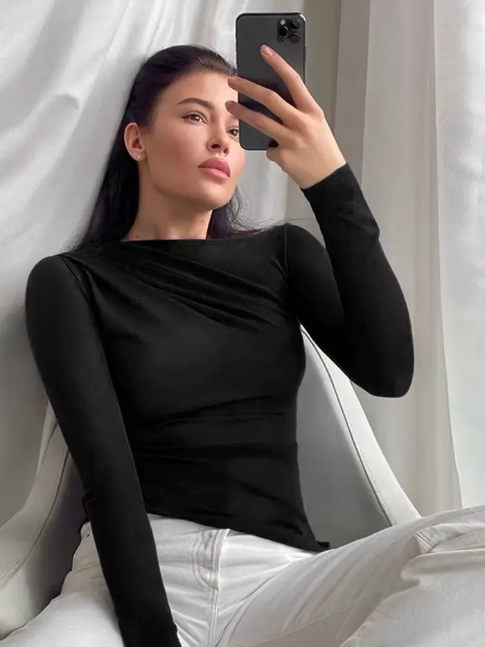 Haut à manches longues blanc T-Shirts femmes basique