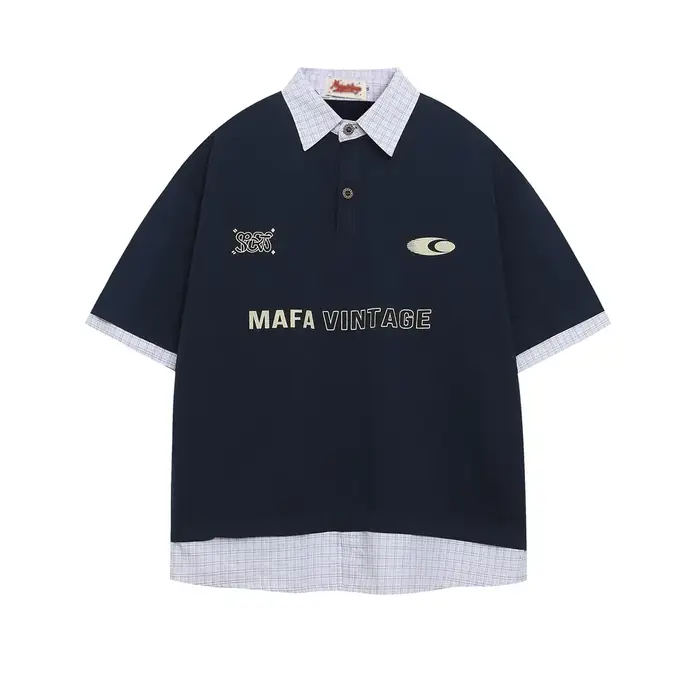 Lettre imprimer faux deux pièces polos hommes décontracté Streetwear été ample à manches courtes couverture en coton