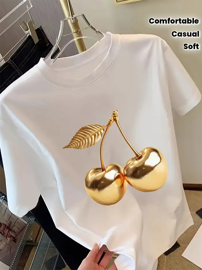 T-shirt à manches courtes pour femme avec imprimé cerises dorées