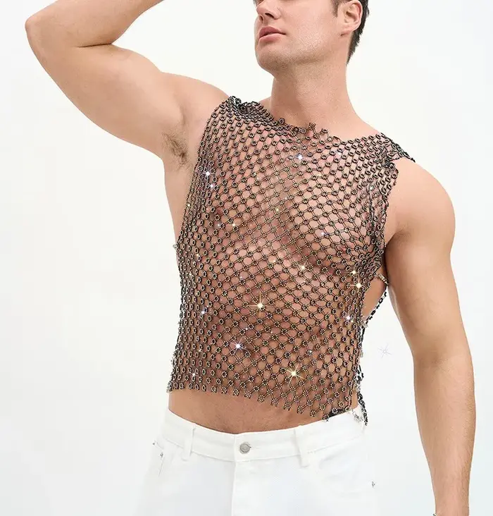 Nouveaux débardeurs vintage à sequins brillants pour hommes, sans manches, col en V, en maille trans