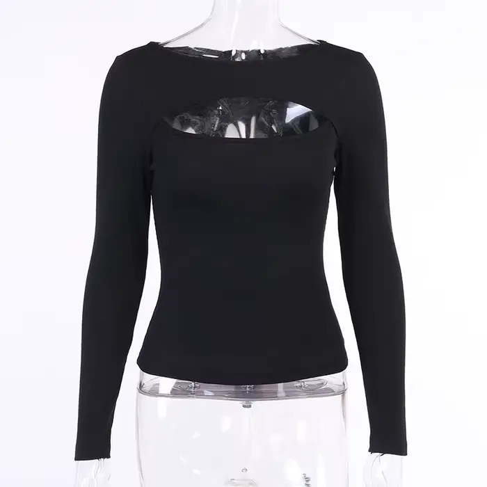 T-shirt à manches longues et col rond pour femme, t-shirt mince, évider, noir, blanc, monochrome, dé