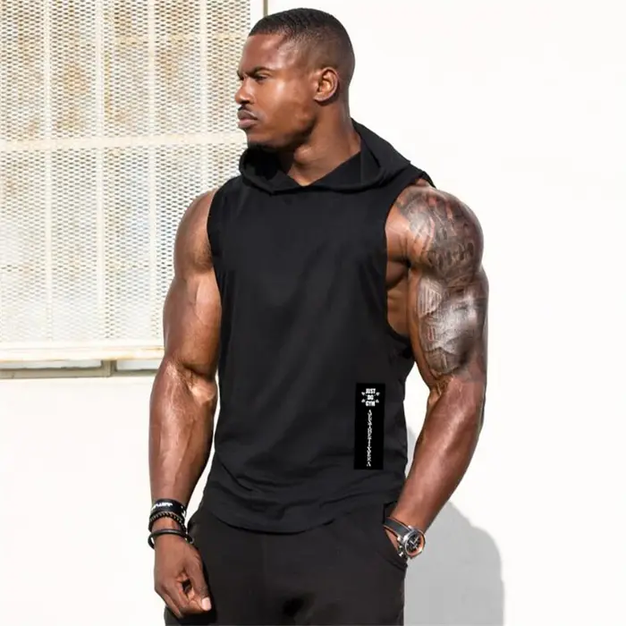 Vêtements de gymnastique à capuche été coton Fitness débardeurs côté ouvert hommes entraînement Muscles gilets musculation sans manches sweat à capuche ample