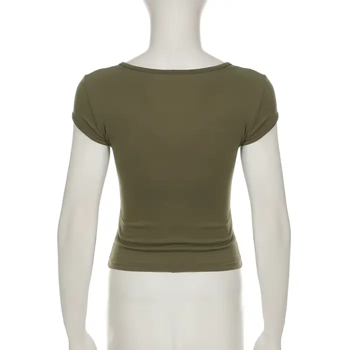 SUCHCUTE rétro Geen broderie florale col en V manches hauts Y2k femmes mince T-shirt Chic Streetwear