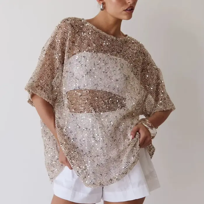 Hirigin T-shirt d'été à paillettes pour femme