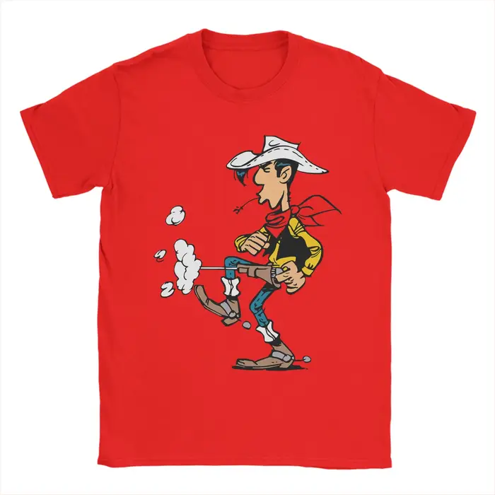 T-shirts Lucky Luke pour hommes, hauts en pur coton avec dessin animé, décontractés, à manches courtes, col rond, cadeau d'anniversaire