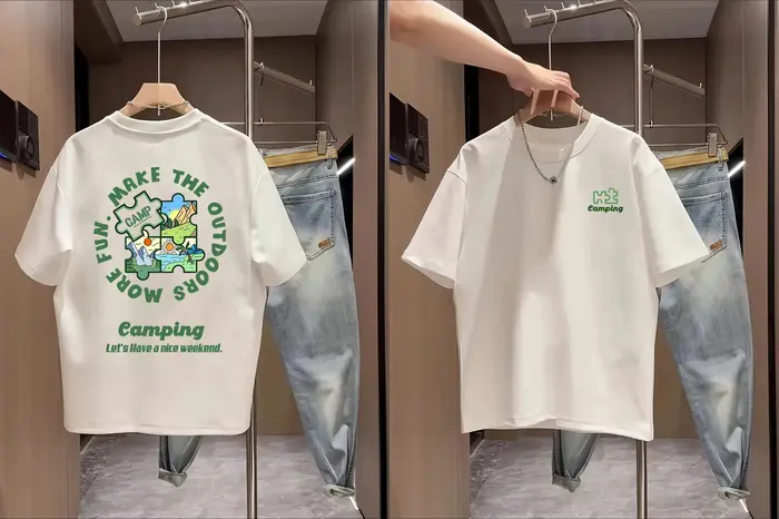 T-shirt unisexe décontracté à manches courtes en coton doux avec imprimé puzzle paysage de camping e