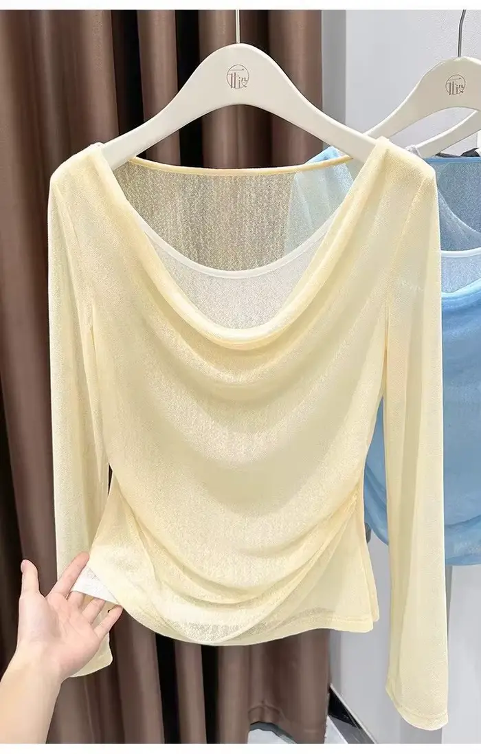 T-shirt à manches longues en tulle bleu clair pour femme