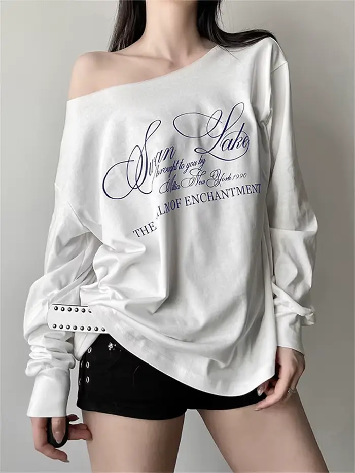 Sisterlinda quotidien Style polyvalent T-Shirts femmes lettre impression épaule inclinée manches longues automne décontr